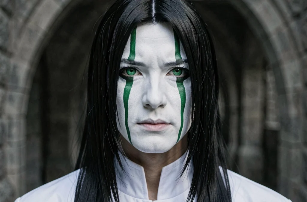Portrait en gros plan d'un cosplayer représentant Ulquiorra Schiffer de Bleach avec maquillage blanc et larmes vertes caractéristiques