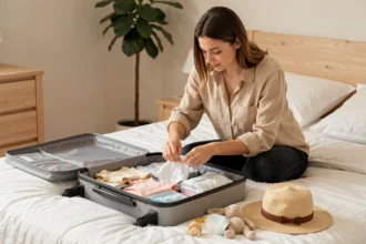 Jeune mère qui prépare une valise avec des affaires de bébé pour les vacances en famille
