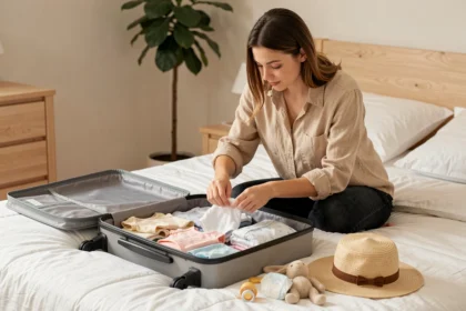 Jeune mère qui prépare une valise avec des affaires de bébé pour les vacances en famille