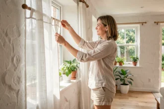 Femme accrochant des rideaux légers en lin pour préparer son salon à l'arrivée de l'été