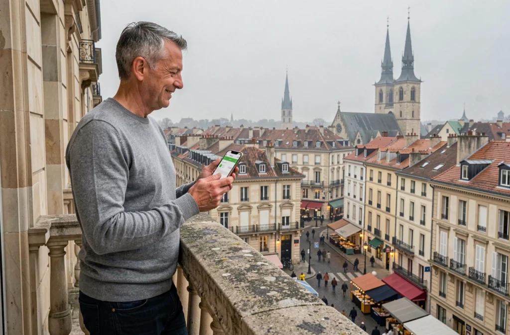Propriétaire bailleur sur le balcon d'un immeuble rénové avec vue sur une ville moyenne française