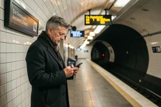 Voyageur consultant son téléphone sur un quai de métro parisien la nuit, affichage des horaires en arrière-plan