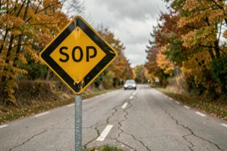 Radar pédagogique jaune et noir installé sur une route secondaire rurale en France entourée d'arbres en automne