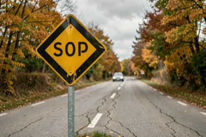 Radar pédagogique jaune et noir installé sur une route secondaire rurale en France entourée d'arbres en automne