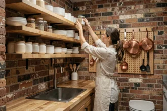 Femme organisant des rangements ouverts dans une petite cuisine urbaine avec étagères en bois et crédence en brique