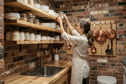 Femme organisant des rangements ouverts dans une petite cuisine urbaine avec étagères en bois et crédence en brique
