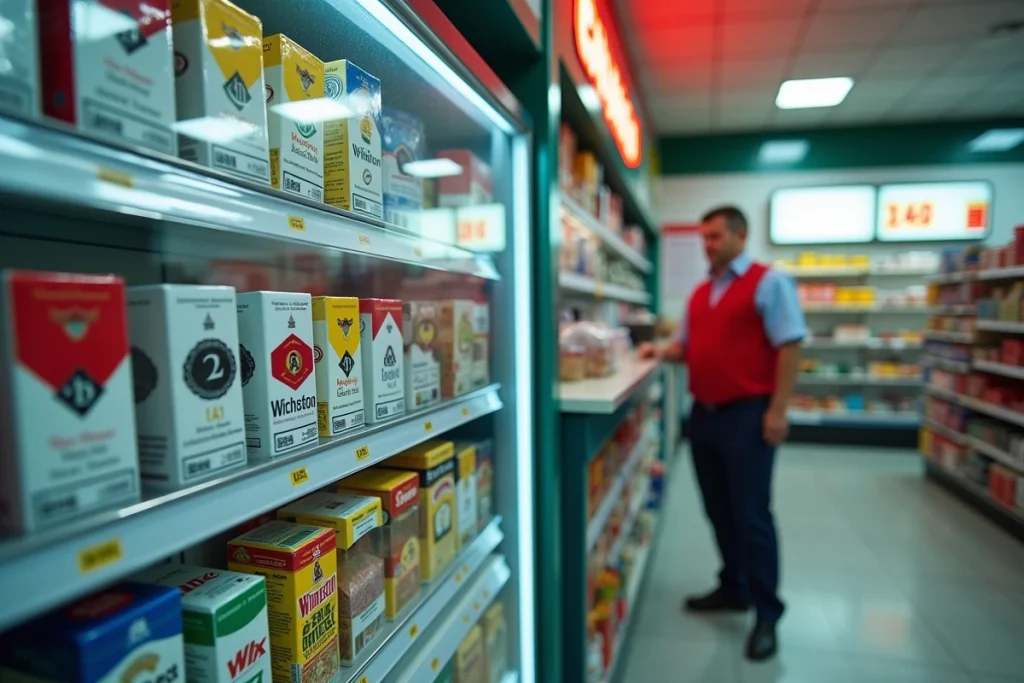 Rayon de cigarettes Winston dans une station-service allemande avec étiquettes de prix et présentoir sous verre