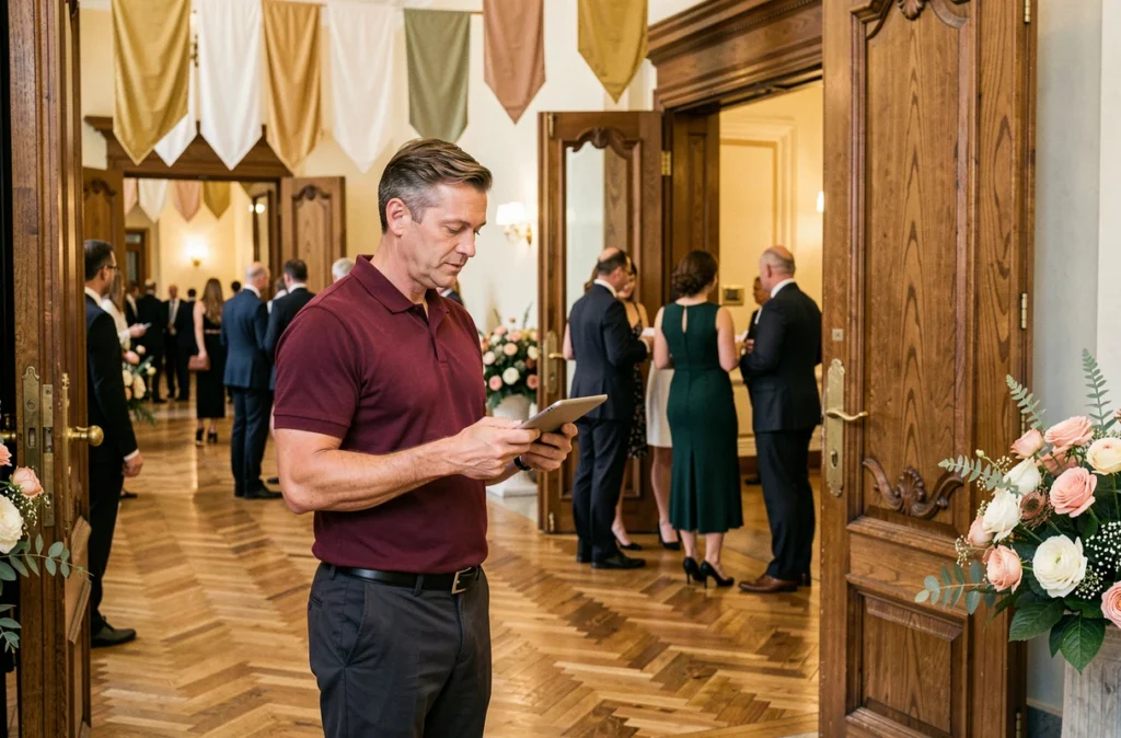 Coordinateur logistique accueillant des invités à l'entrée d'une salle de réception décorée pour Rcevenementiel