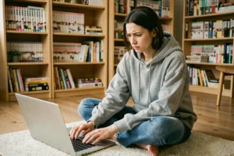 Jeune femme recherchant un chapitre de manga manquant sur son ordinateur portable à la maison
