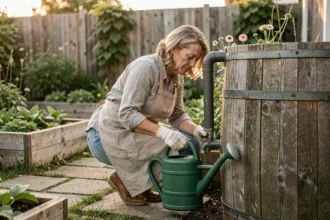 Femme jardinière remplissant un arrosoir depuis un récupérateur d'eau de pluie en bois dans un jardin potager verdoyant
