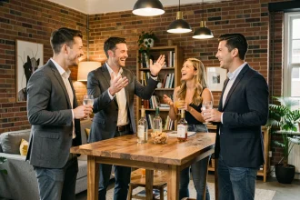 Groupe de jeunes adultes discutant de la règle du palmier alcool autour d'une table lors d'une pré-soirée dans un appartement urbain