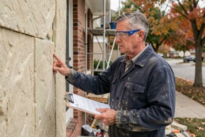 Artisan examinant l'isolation extérieure d'une maison en cours de rénovation énergétique