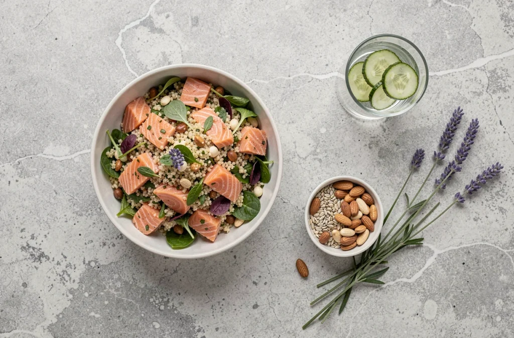 Plateau repas équilibré anti-stress avec saumon, quinoa, noix et herbes fraîches photographié en vue du dessus