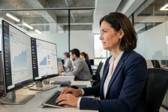 Responsable RH analysant des tableaux de bord d'intelligence artificielle sur deux écrans dans un bureau moderne