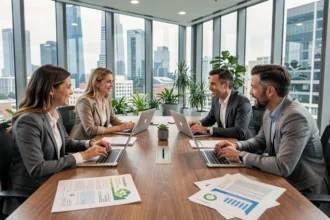 Équipe de professionnels en réunion autour d'un rapport RSE dans un bureau moderne avec vue sur la ville