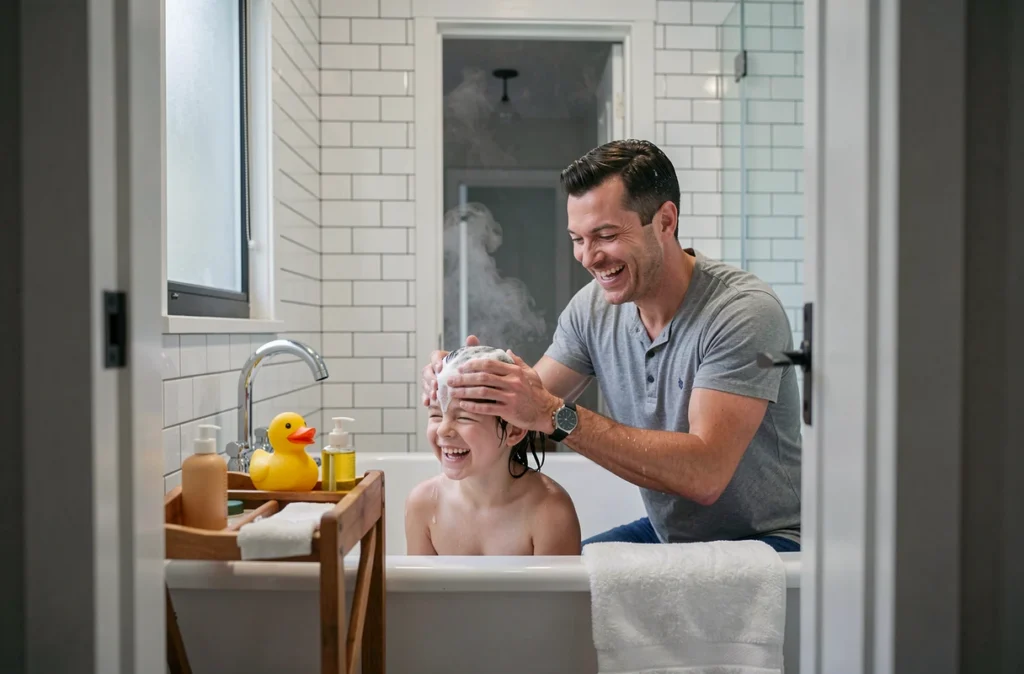 Père aidant son enfant lors du bain du soir, moment de complicité familiale dans une salle de bain domestique