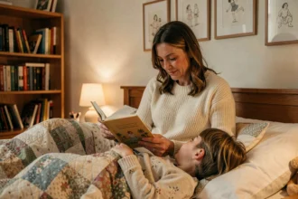 Mère lisant un livre à voix haute à son enfant au moment du coucher, rituel du soir en famille dans une chambre chaleureuse
