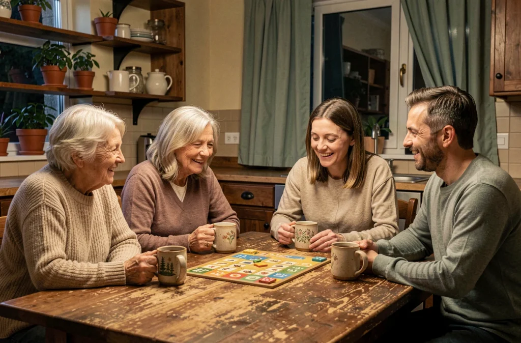 Famille multigénérationnelle réunie autour d'un jeu de société le soir, rituel familial chaleureux dans une cuisine rustique