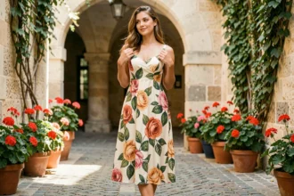 Femme portant une robe mi-longue à motifs fleuris botaniques dans une cour parisienne pavée