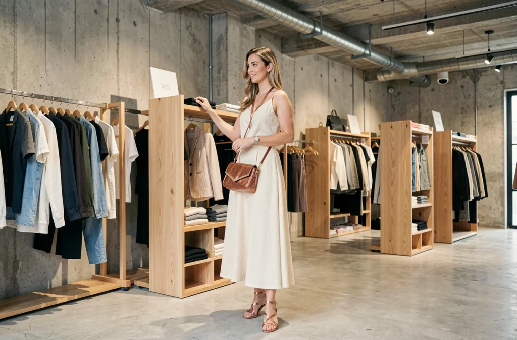 Femme en jupe midi ivoire avec sac bandoulière et sandales métalliques cuivrées explorant un concept store branché