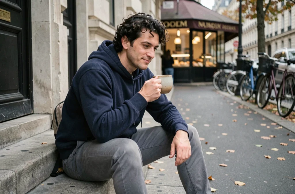 Jeune salarié français profitant d'un jour de congé supplémentaire grâce à la semaine de quatre jours, assis sur des marches parisiennes avec un café