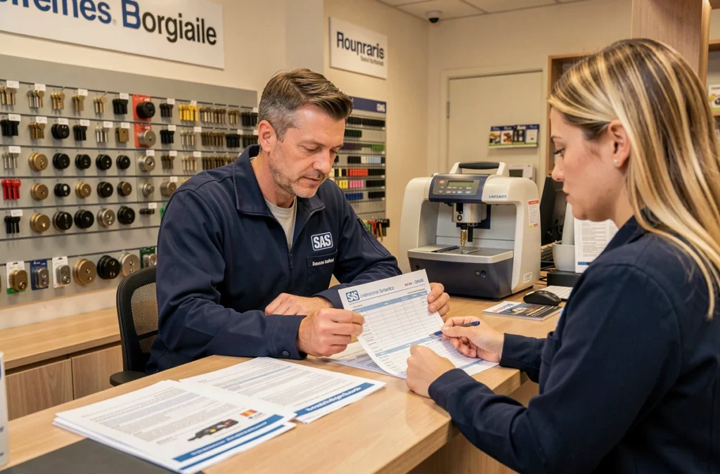 Professionnel de SAS Bodart accueillant une cliente dans la boutique de serrurerie et conseillers sur une prestation
