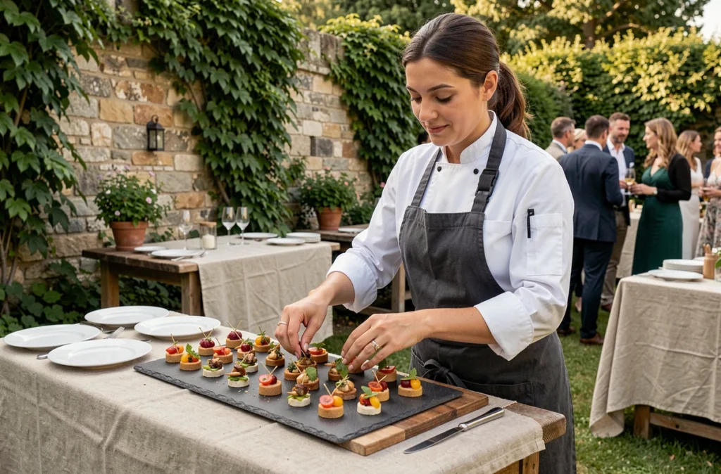 Cheffe cuisinière arrangeant des amuse-bouches colorés sur une ardoise lors d'un événement gastronomique en jardin pour Saveurs Détonnantes