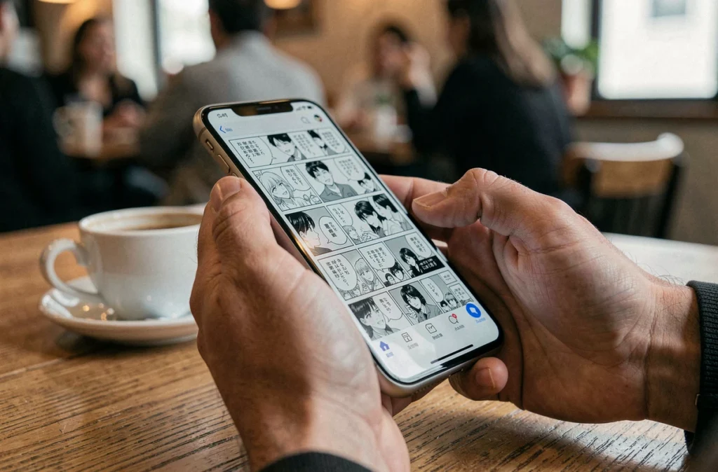 Mains tenant un smartphone affichant un scan de One Piece dans un café