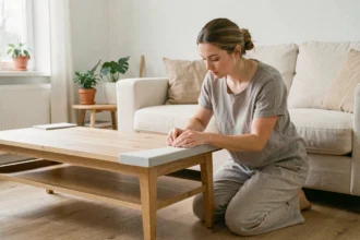 Mère installant des protections d'angle sur une table basse en bois pour sécuriser l'espace de vie avant l'arrivée d'un jeune enfant