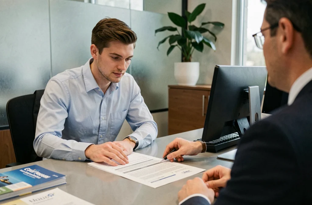 Jeune acheteur immobilier en réunion avec un conseiller bancaire pour signer un contrat de prêt immobilier