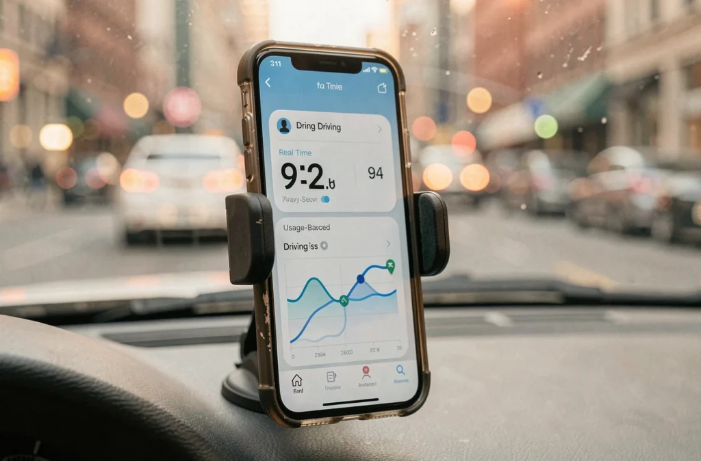 Smartphone fixé sur le tableau de bord d'une voiture affichant une application d'assurance auto basée sur l'usage avec score de conduite en temps réel