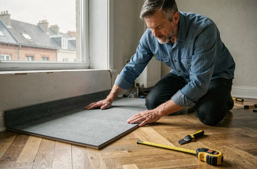 Homme installant un sous-couche acoustique sous un parquet flottant dans un appartement urbain
