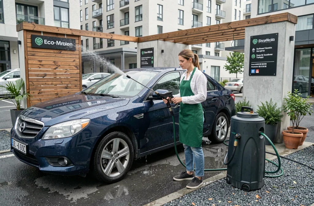 Une femme utilise un système de récupération d'eau de pluie pour laver une voiture dans une station de lavage écologique urbaine