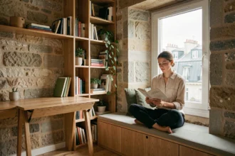 Femme lisant dans un studio parisien optimisé avec rangements intégrés et vue sur les toits de la ville