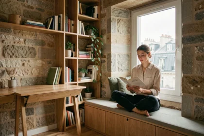 Femme lisant dans un studio parisien optimisé avec rangements intégrés et vue sur les toits de la ville