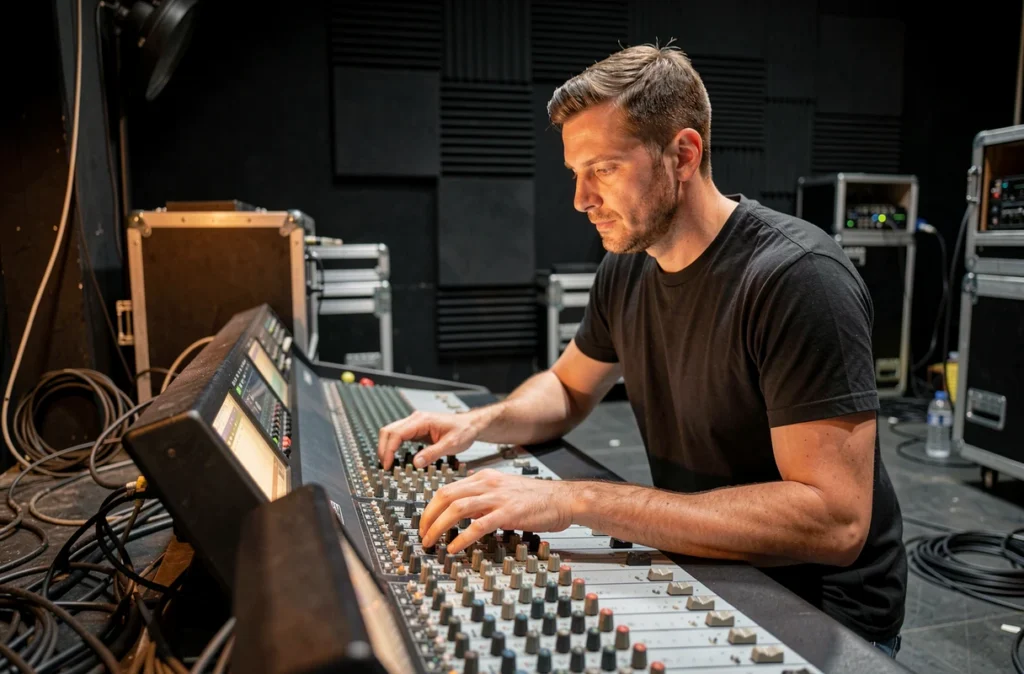 Ingénieur du son masculin ajustant une console de mixage professionnelle dans les coulisses d'une salle de concert à Nantes pour Swing Production