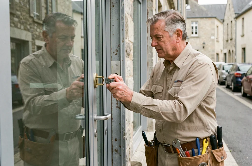 Monsieur Sylvain Charlot inspectant un cylindre de serrure endommagé sur une porte commerciale en aluminium dans les Ardennes