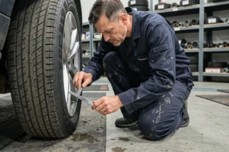 Technicien automobile inspectant la profondeur des rainures d'un pneu avec un outil de mesure dans un garage professionnel