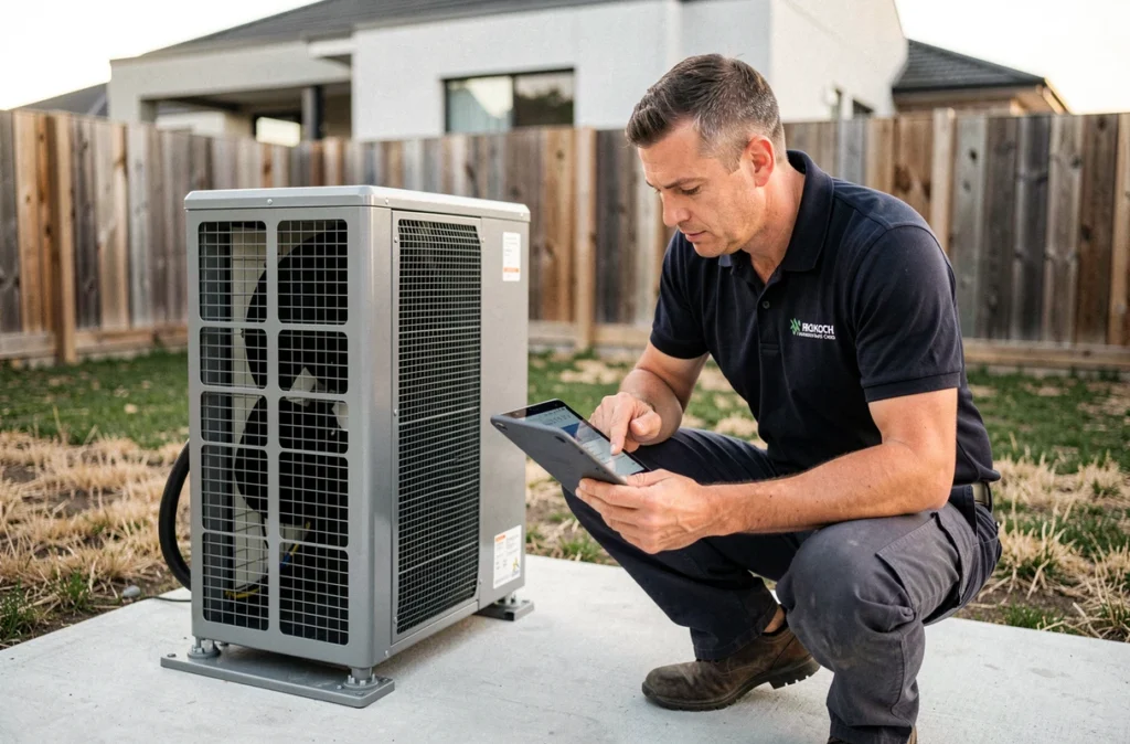 Technicien installant et vérifiant une pompe à chaleur dans le cadre des nouvelles normes énergétiques