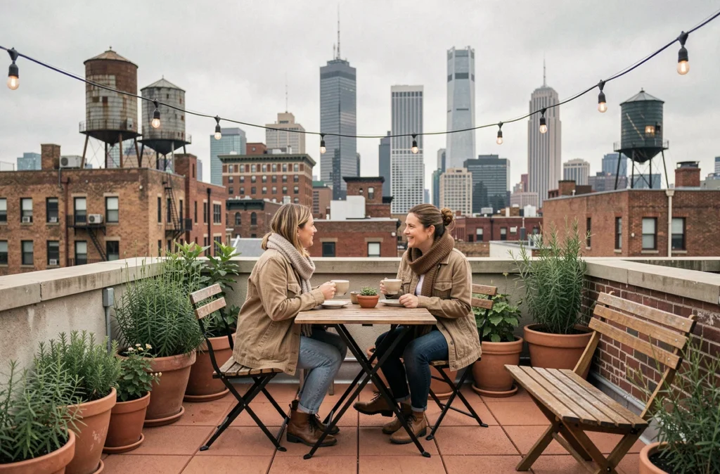Deux femmes partageant un café sur une petite terrasse urbaine à New York avec vue sur les gratte-ciels