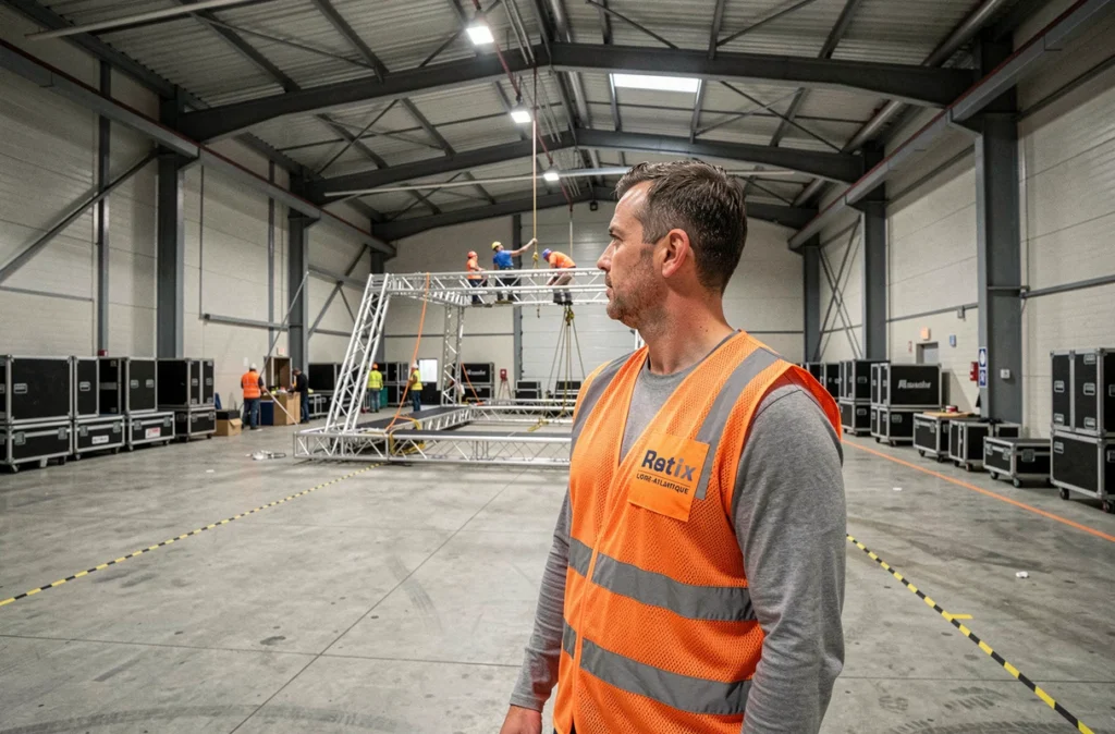 Directeur de production supervisisant le montage d'une structure de scène dans un entrepôt industriel en Loire-Atlantique pour Tiger Productions 44