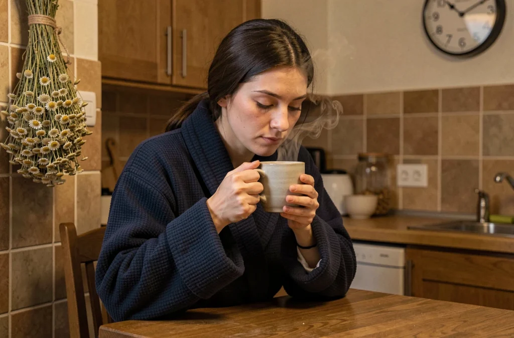 Femme buvant une tisane apaisante avant de dormir, illustrant les rituels du soir favorisant un sommeil de qualité et une bonne immunité