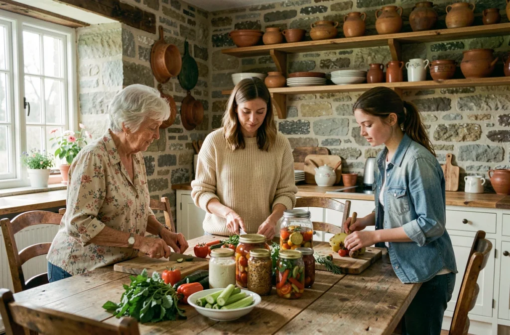 Trois générations de femmes préparant des conserves dans une cuisine de campagne authentique