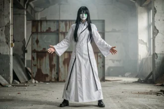 Cosplayeur professionnel incarnant Ulquiorra Schiffer de Bleach en costume blanc d'Arrancar dans un entrepôt industriel au style Hueco Mundo