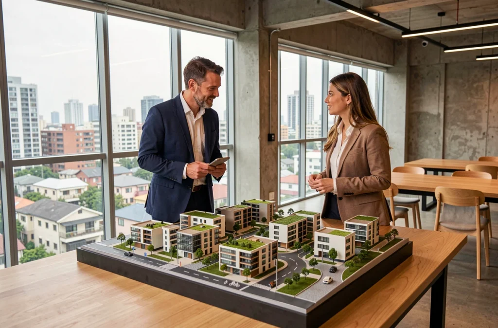 Urbaniste et ingénieure discutant autour d'une maquette de quartier durable dans un bureau d'architecture moderne en ville