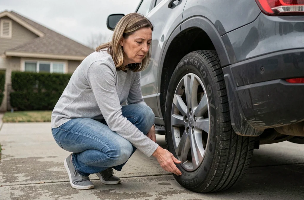 Femme vérifiant l'état et l'usure du flanc d'un pneu de SUV sur une allée résidentielle