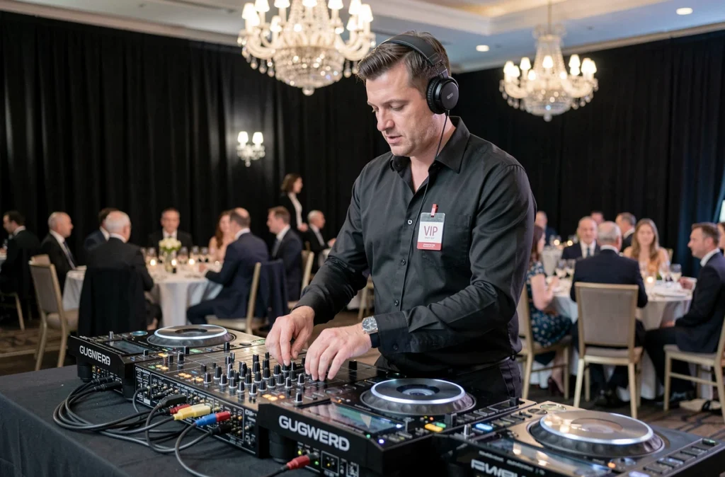 DJ VIP-EVENTS en action sur une scène surélevée lors d'un gala d'entreprise en Essonne