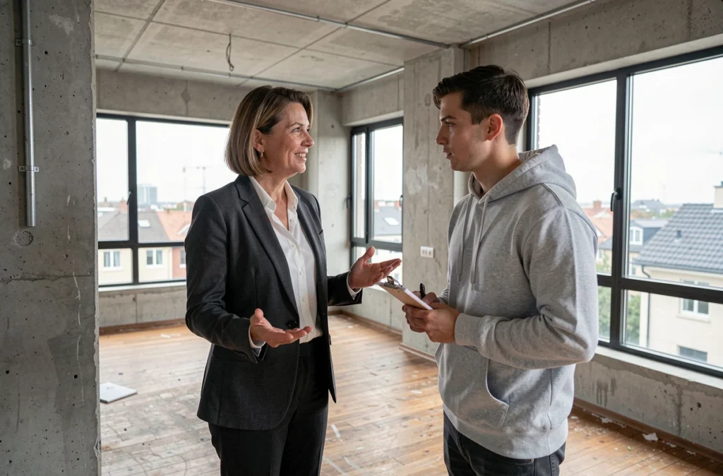 Agent immobilière présentant un appartement vide à un jeune acheteur lors d'une visite immobilière