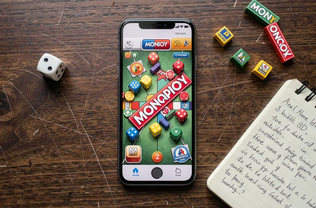 Vue de dessus d'un smartphone affichant une interface de jeu Monopoly Go posé sur un bureau en bois avec des pièces de jeu et un carnet de notes